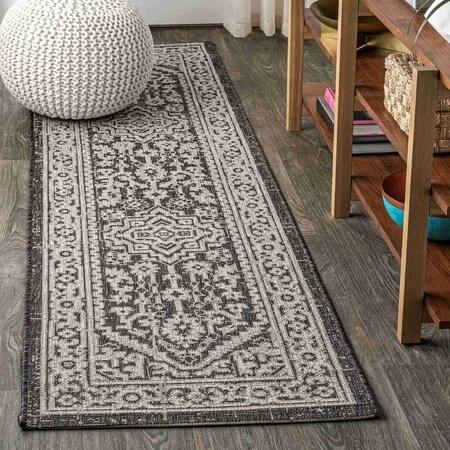 Jonathan Y Sinjuri Medallion Textured Weave Gray/Black 2 ft. x 8 ft. Indoor/Outdoor Runner Rug SMB101D-28