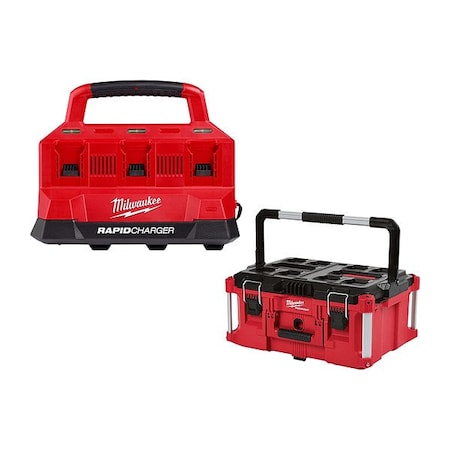 Milwaukee Tool M18 6-Bay Charger + PACKOUT Tool Box 48-59-1809, 48-22-8425