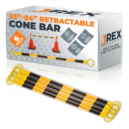 Jrex Safety Retractable Cone Bar Yellow/White, 53 in to 84 in Length, 6PK CBY-JR-53/84-6PK