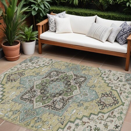 Homeroots 9' X 12' Beige Green And Brown Oriental Washable Indoor Outdoor Area Rug 600136