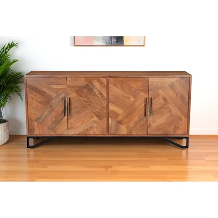 Homeroots 82" Brown Solid Wood Carved Geometric Sideboard with Four Doors 634313