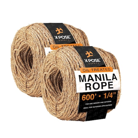 Xpose Safety Manila Rope, 1/4 Inch 600ft 3-Strand Natural Fiber Cordage for Crafts & Outdoor Use, 2PK MR14-600-2-X-S