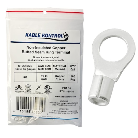 Kable Kontrol Ring Terminal, #8 Stud Size, 14 AWG, Bare, 100 PK RTNI-1614-8