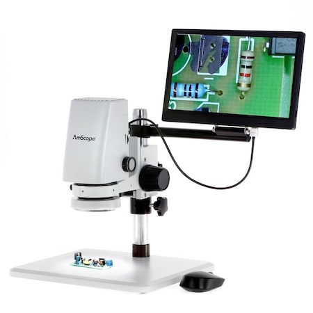 Amscope DM750 Zoom Tabletop Video Inspection Digital Microscope System 0.7X-5X on Pillar Stand w/11.6 Moni DM750-2MP-HDM11