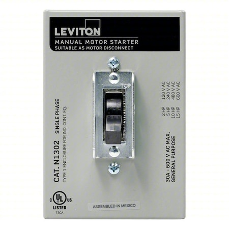 Leviton Manual Motor Switch, 30 A, 2 P, 1 Phase, Toggle, Powerswitch Series, NEMA 1 N1302-DS
