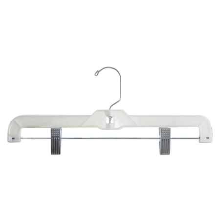 Nahanco 14in White Hi- Impact Plastic Heavy Weight Skirt/Pant Hanger w/ Long Hook and Chrome Clips., 100PK 1600RCLH