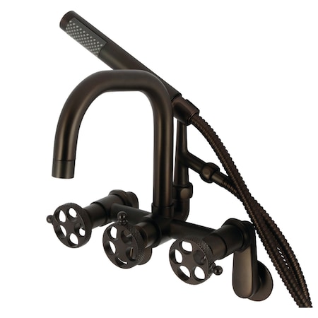 Kingston Brass Three-Handle 2-Hole Adjustable Wall Mount Clawfoot Tub Faucet with Knurled Handle and Hand Shower AE8455RKX