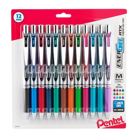 Pentel EnerGel RTX Retractable Liquid Gel Pen, 0.7mm Medium Line, Assorted Ink, 12-Color Set BL77BP12M