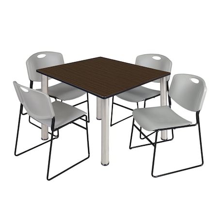 Regency Square Kee Breakroom Table W/ 4 Zeng Stack Chairs, 48 in W, 48 in L, Neo Walnut TB4848NWBPCM44GY
