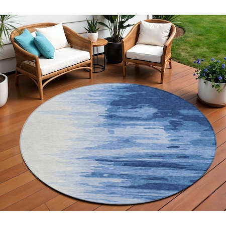 Homeroots 8' Navy Blue And Ivory Round Abstract Washable Indoor Outdoor Area Rug 601226