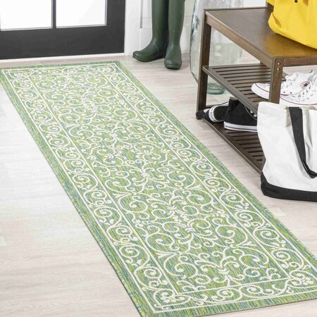 Jonathan Y Charleston Vintage Filigree Textured Weave Green/Ivory 2 ft. x 10 ft. Indoor/Outdoor Runner Rug SMB106K-210