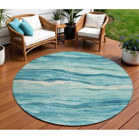 Homeroots 8' Turquoise Round Striped Washable Indoor Outdoor Area Rug 608132