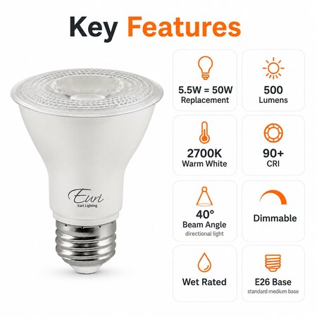 Euri Lighting PAR20 LED Bulbs, 5.5W, 500 lm, 50W Eq., 2700K, E26, Dimmable, CEC/JA8/UL, 2PK EP20-5.5W5020cec-2