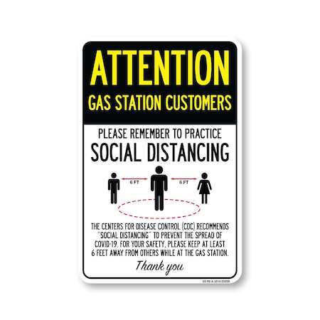Signmission Public Safety, Gas Station Customers Practice Social Distancing, 14in X 10in, OS-NS-A-1014-25358 OS-NS-A-1014-25358