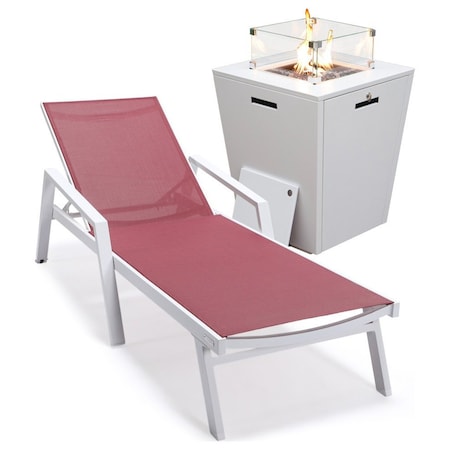 Leisuremod Marlin White Aluminum Patio Chaise Lounge Chair With Arms & Square Fire Pit Table, Burgundy MLAWCF21-77BRG