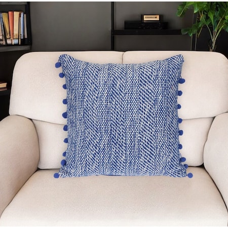 Homeroots 18" Blue and White Weave Cotton Throw Pillow With Pom Poms 529303