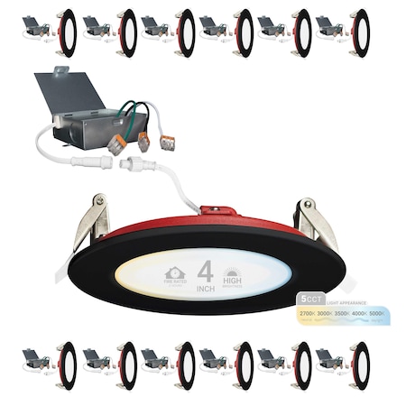 Nuwatt 4 Inch 2 Hour Black Trim Fire Rated Recessed Lighting, Canless LED Lights 2700K-5000K, 900LM, 12PK NW-P-DL-4-12W-5CT-FR-BLK-12P