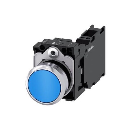 Siemens Pushbutton, 22 mm, round, metal, shiny, blue, pushbutton, flat 3SU1150-0AB50-3FA0-ZY19