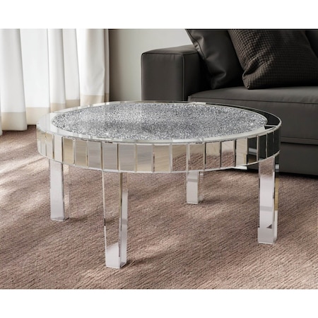 Homeroots 31" Silver Mirrored Glass and Faux Crystal Round Coffee Table 568901