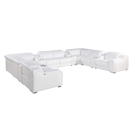Homeroots White Italian Leather Power Reclining U Shaped Twelve Piece Corner Sectional With Console 632550
