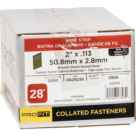 Pro-Fit 2'' x 0.113'' 28 Degree Wire Strip Smooth Shank Round Head Brite Framing Stick Nails, 2000 Ct. 629230