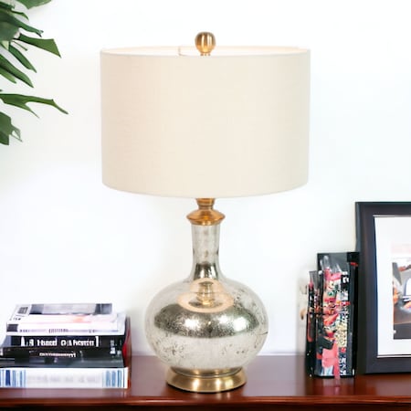 Homeroots 27" Silver Metallic Glass LED Table Lamp With Ivory Drum Shade 528687