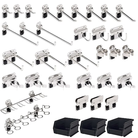 Triton Products 35 Pc Stainless Steel Hook & Bin Assortment for Stainless Steel LocBoard, 32 Asst Hooks & 3 Bins SSLH1-Kit