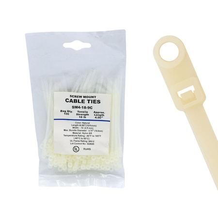 Cable Ties Unlimited Screw Mount Cable Tie, 4 in L, 18 lb Strength, 1 in Max Bundle Dia, Nylon, Natural, 100PK SM4-18-9C