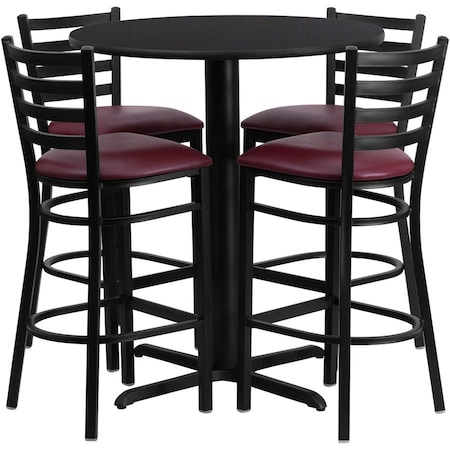 Flash Furniture Round Black Bar Table, X-Base w/Burgundy Seats, Laminate Top, Wood Grain HDBF1025-GG