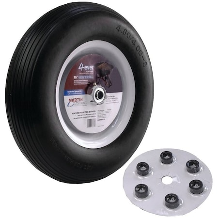 Martin Wheel 408RBPU31 Wheelbarrow Wheel with Universal Hub, 350 lb Max Load, 8 in Dia Rim, 16 in Dia Tire 408RBPU31
