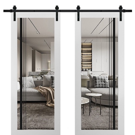 Sartodoors Sturdy Double Barn Door with Clear Glass, Lucia 2566 White Silk and Aluminum Strips, 13FT Rail Han LUCIA2566DB-WS-60 x 96 (2* 30x96)