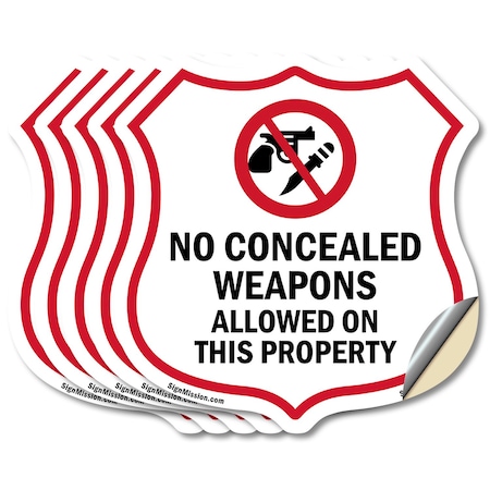 Signmission Concealed Carry Shield Sign No Concealed, 4 inch X 4 inch, Vinyl Decal, 5PK SHI-D-5PACK-4-372