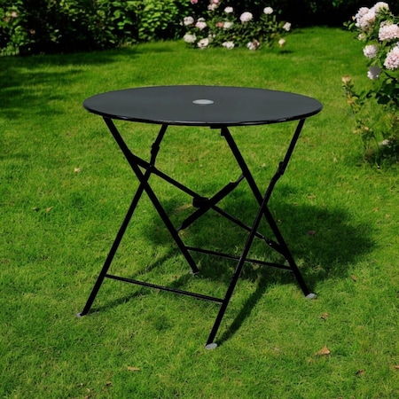 Homeroots 30" Black Rounded Aluminum Folding Outdoor Bistro Table with Umbrella Hole 606428
