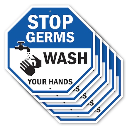 Signmission Stop Germs Wash Your Hands, 10 inch X 10 inch, Aluminum Metal Signs, 5PK OC-A-5Pack-10-342