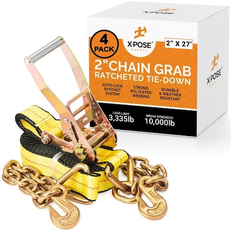 Xpose Safety Ratchet Straps Heavy Duty, 2 In x 27 FT Tie Down Straps Ratchet Operated with Chain Grabs, 4-PK RTD227-CG-4-X-S