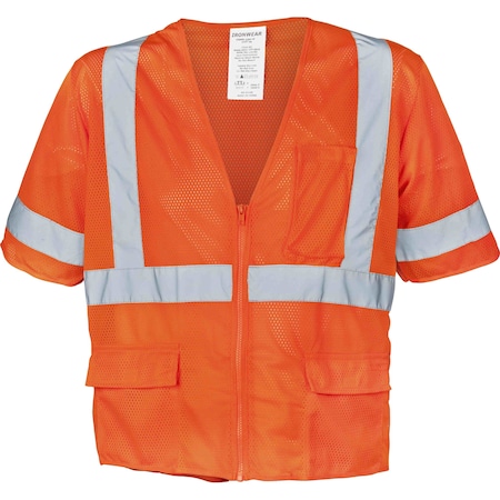 Ironwear Class 3 Hi Vis 5 Pocket Reflective Safety Vest w/ Zipper, Orange/5X-Large 1294-OZ-5XL