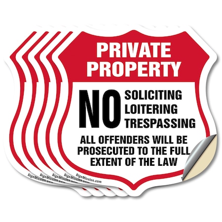 Signmission Private Property Shield Sign No Soliciti, 6 inch X 6 inch, Vinyl Decal, 5PK SHI-D-5PACK-6-451