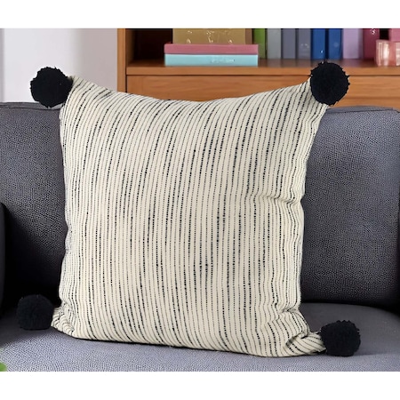 Homeroots 18" Cream And Black Abstract Wool Blend Throw Pillow Cover with Pompoms 608280