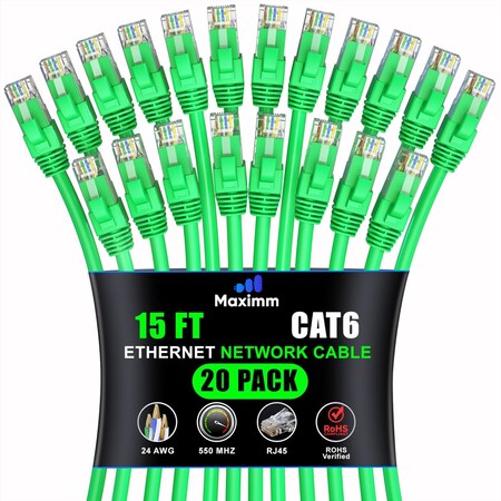 Maximm Cat6 Ethernet Cable 15ft 10Gbps 550MHz UTP, 20PK, Green, 20PK CAT6CCA-15GN-20PK