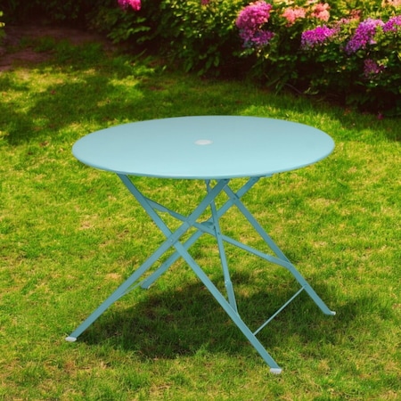 Homeroots 36" Aqua Rounded Aluminum Folding Outdoor Dining Table with Umbrella Hole 606432