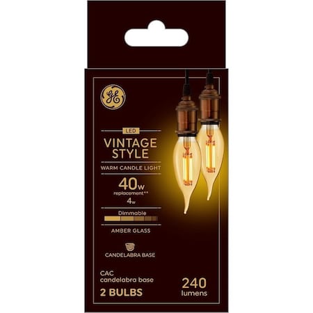 Ge Industrial Solutions 42149 LED Bulb, Decorative, CAC Lamp, 40 W Equivalent, E12 Lamp Base, Dimmable, Amber, 2PK 93129854