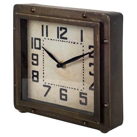 Homeroots Square Bronze Toned Metal Desk Table Clock With Traditional Black Numbers And Hands 376223