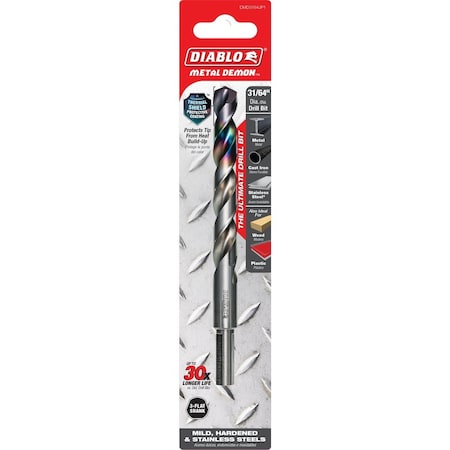 Diablo Metal Demon 31/64'' Drill Bit for Mild Hardened & Stainless Steels DMD3164JP1