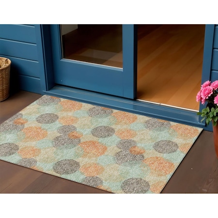 Homeroots 3' X 5' Beige Aqua And Orange Polka Dot Washable Indoor Outdoor Area Rug 614647