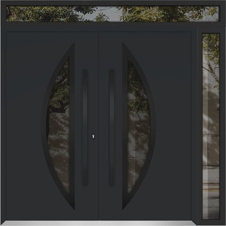 Vdomdoors Metal Double Doors Deux 6501 Black Enamel Opaque Black Glass 1 Sidelight and Top Transom Entry Mode DEUX6501DEXD-BLK-W72+14xH96+14-RH-I