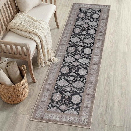 Jonathan Y Kisara Oushak Style Distressed Border Non-Slip Machine-Washable Charcoal/Beige 2ft x 8ft Runner Rug PTN101B-28