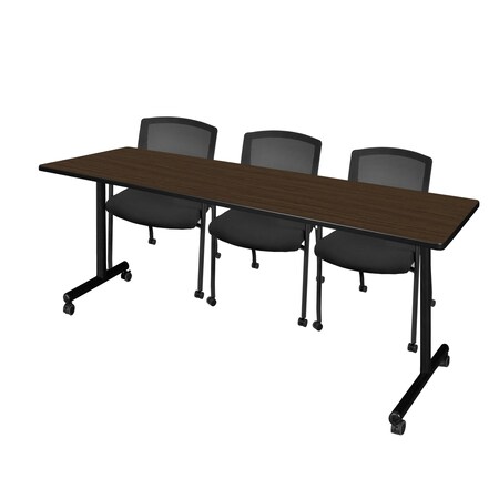 Regency Kobe Mobile T-Base Training Seminar Table W/ 3 Knight Mesh Chairs, 84 in W, 24 in L, Neo Walnut MKTRCC8424NW56CBK