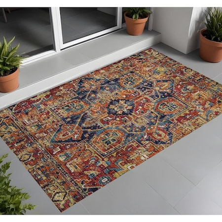 Homeroots 3' X 5' Red Orange and Blue Oriental Washable Non Skid Indoor Outdoor Area Rug 563784