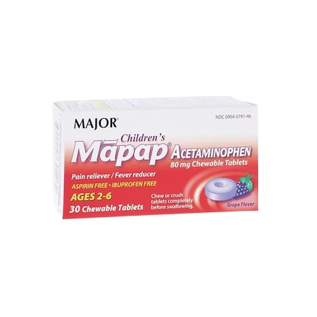 Major Pharmaceuticals Acetaminophen Pain Reliever/Fever Reducer Chewable Tablets 80mg Grape, 30PK 1334504