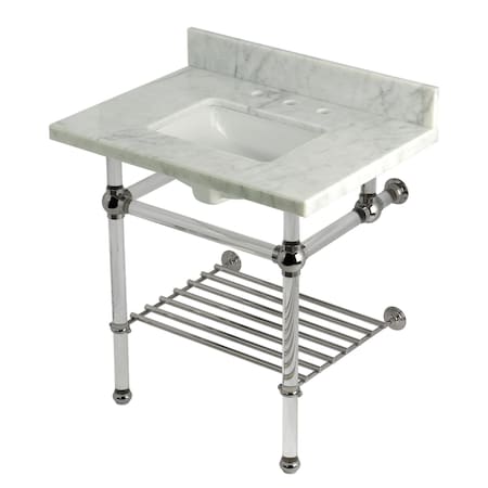Kingston Brass 30-Inch Carrara Marble Console Sink with Acrylic Legs and Shelf, 8-Inch, 3-Hole KVPB3030MASQB6